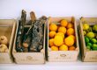 Cajas de hortalizas, frutas y leña